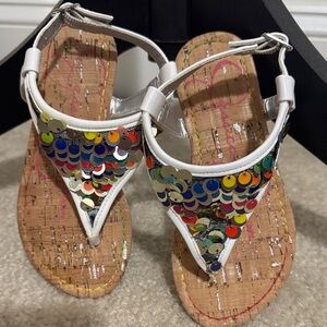 Jessica Simpson White T-Strap Sandals with Multicolor Sequins